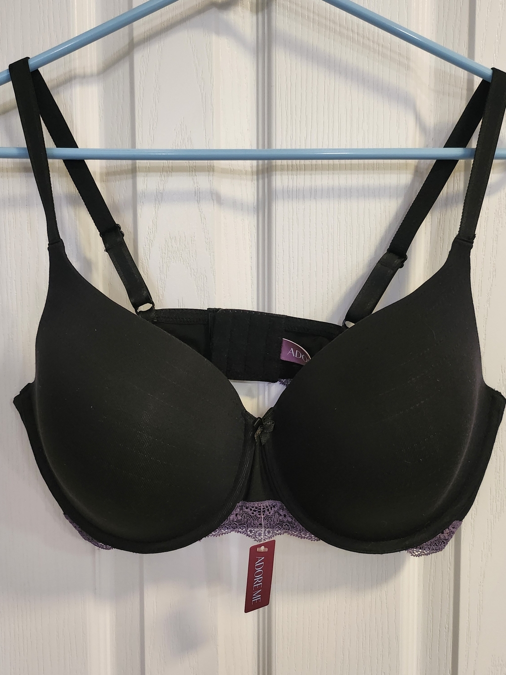 Adore Me Black Bra with Purple Lace Trim